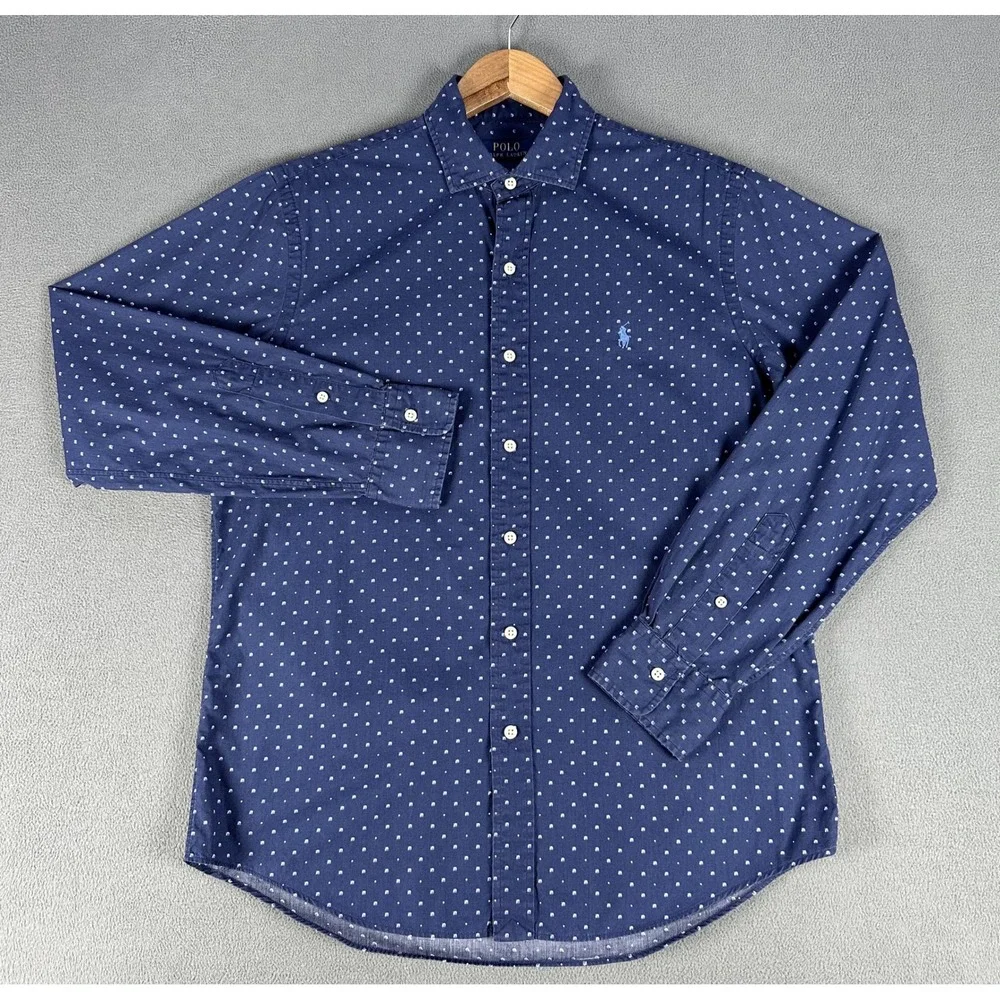 Polo Ralph Lauren Shirt Mens Medium‎ Navy Blue Geometric Nautical Prep Office